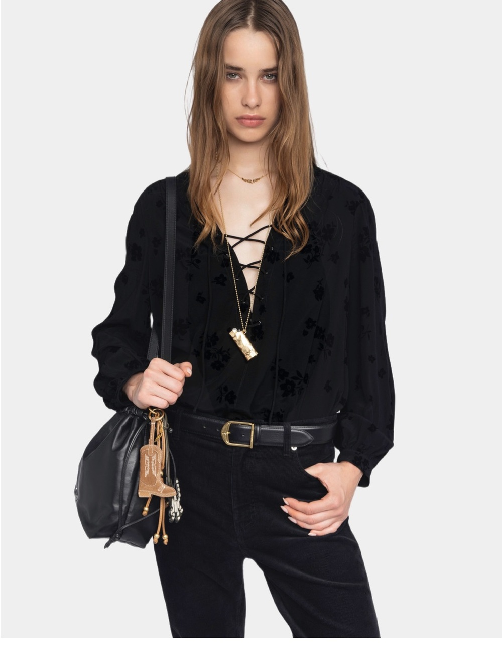 Zadig & Voltaire Tamela Lace-Up V-Neck Smock Floral Blouse Black, Med msrp$368